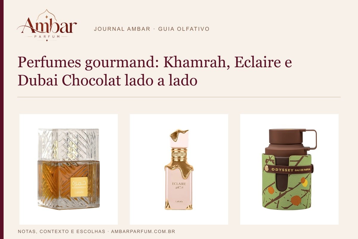 Composição editorial: Perfumes gourmand: Khamrah, Eclaire e Dubai Chocolat lado a lado